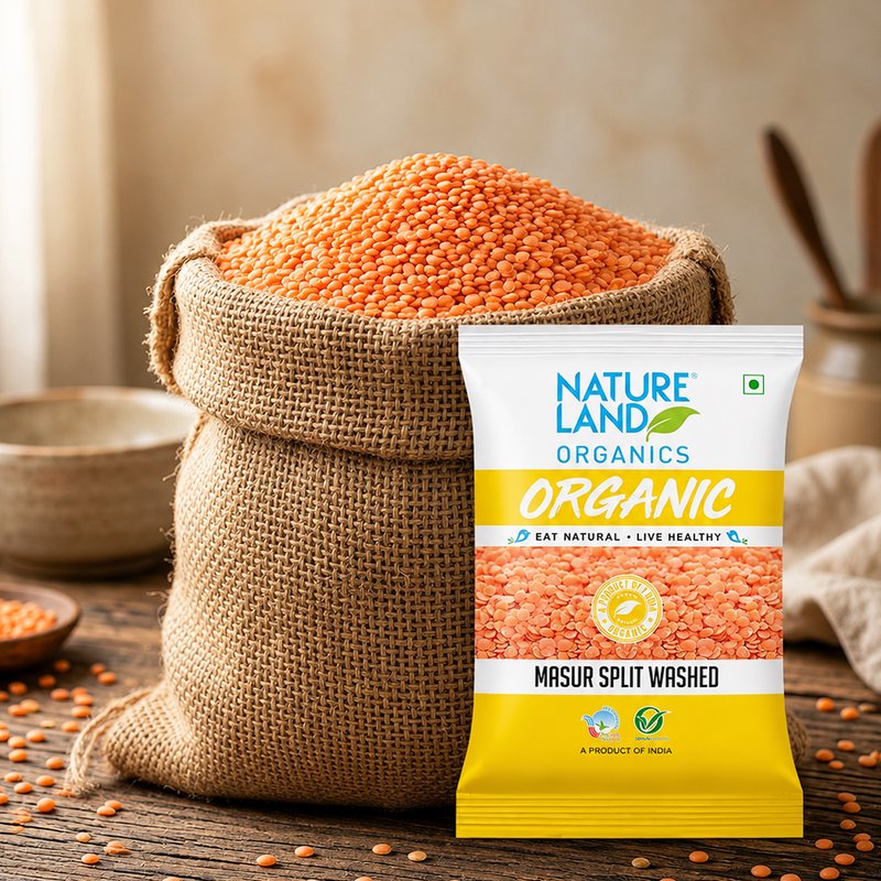 Natureland Organics Masur Split Washed 500g | 100% Organic Dhuli Masoor Dal | Protein & Fibre Rich Red Lentils for Dal, Soups & Everyday Cooking