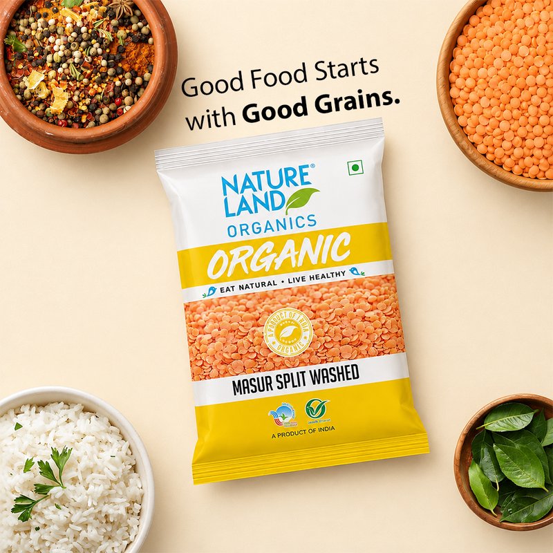 Natureland Organics Masur Split Washed 500g | 100% Organic Dhuli Masoor Dal | Protein & Fibre Rich Red Lentils for Dal, Soups & Everyday Cooking