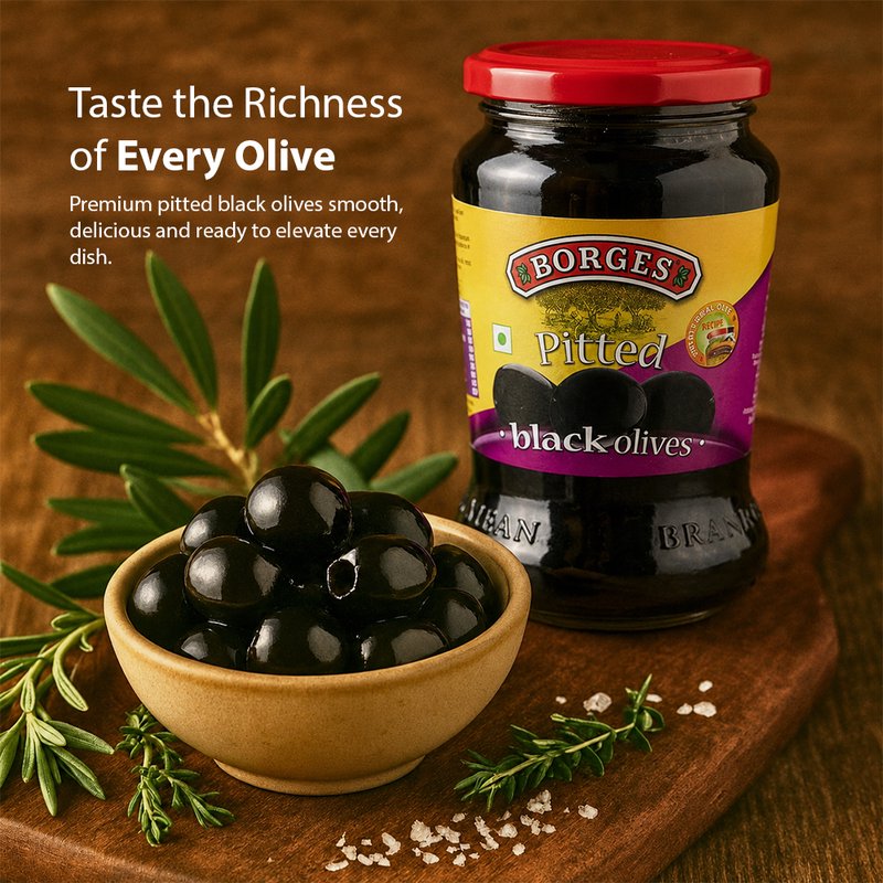 Borges Pitted Black Olives | Premium Seedless Black Olives | Ready-to-Eat | Perfect for Pizza, Pasta, Salads, Sandwiches & Mediterranean Recipes | 430g