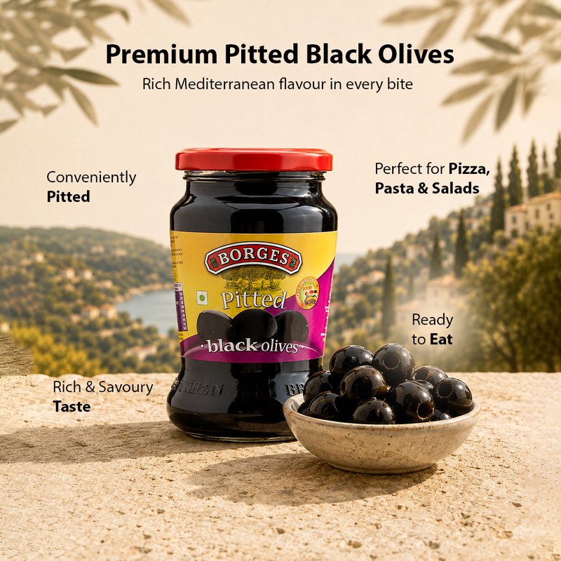 Borges Pitted Black Olives | Premium Seedless Black Olives | Ready-to-Eat | Perfect for Pizza, Pasta, Salads, Sandwiches & Mediterranean Recipes | 430g