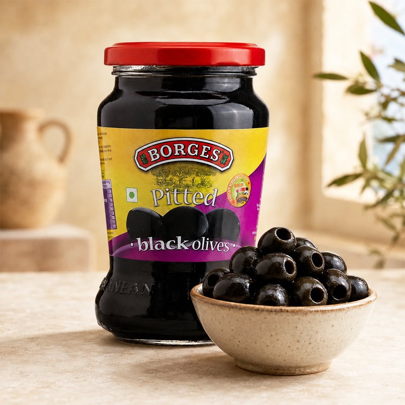 Borges Pitted Black Olives | Premium Seedless Black Olives | Ready-to-Eat | Perfect for Pizza, Pasta, Salads, Sandwiches & Mediterranean Recipes | 430g