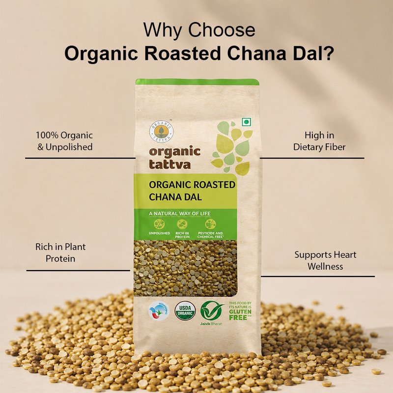 Organic Tattva Roasted Chana Dal | Organic Roasted Bengal Gram | Protein-rich Roasted Chana