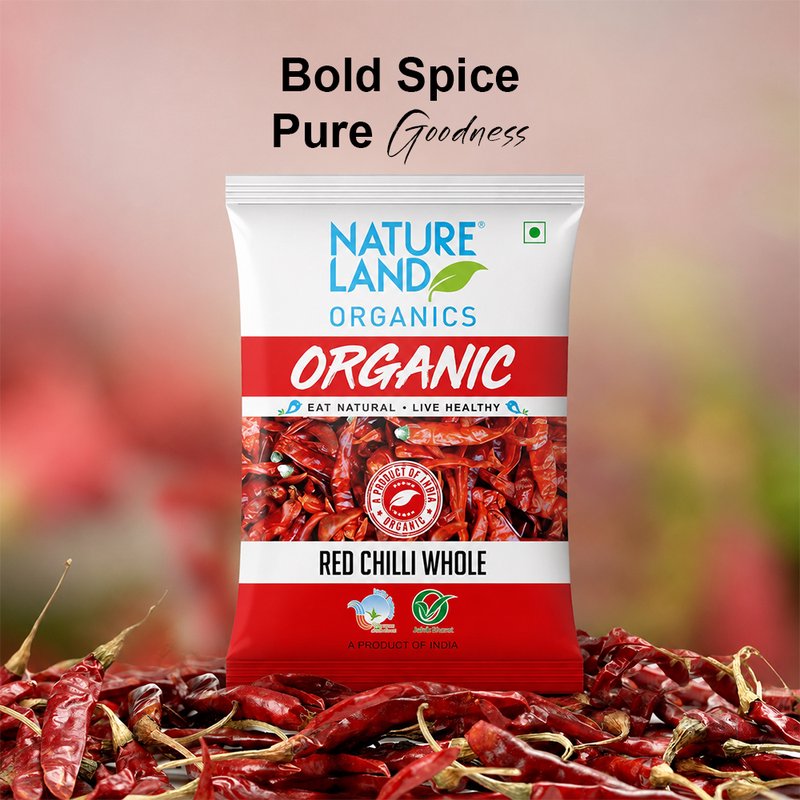 Natureland Organics Red Chilli Whole 50g | 100% Organic Whole Dry Red Chillies | Naturally Spicy for Tadka, Curries, Pickles & Homemade Masalas