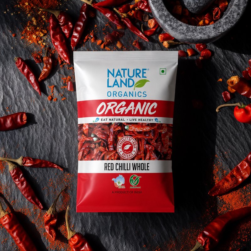 Natureland Organics Red Chilli Whole 50g | 100% Organic Whole Dry Red Chillies | Naturally Spicy for Tadka, Curries, Pickles & Homemade Masalas