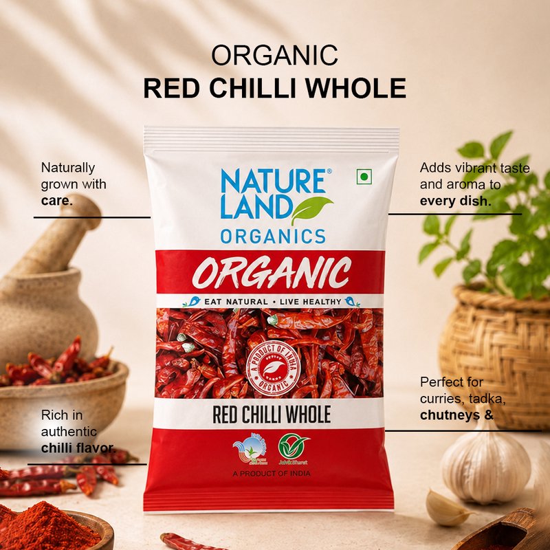 Natureland Organics Red Chilli Whole 50g | 100% Organic Whole Dry Red Chillies | Naturally Spicy for Tadka, Curries, Pickles & Homemade Masalas