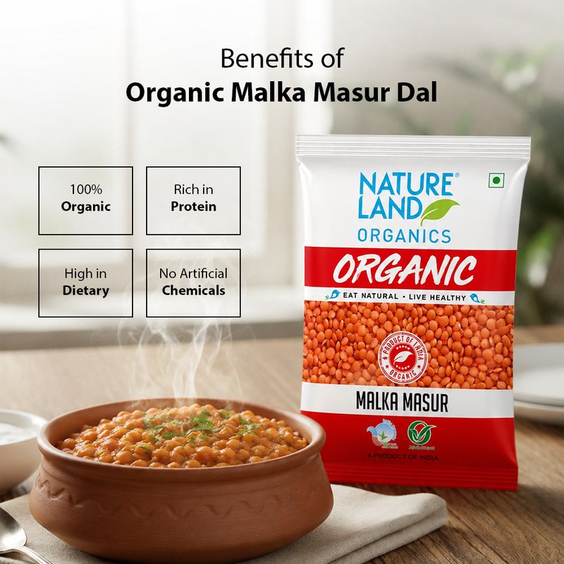 Natureland Organics Malka Masur Dal 500g | 100% Organic Malka Masoor | Protein & Fibre Rich Red Lentils for Dal, Soups, Khichdi & Everyday Cooking