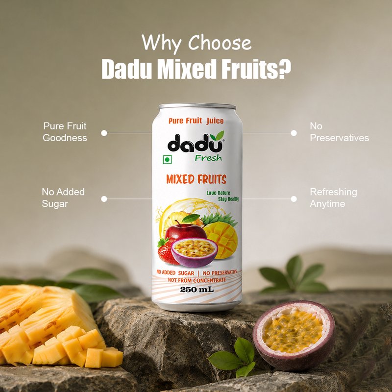 Dadu Fresh Mixed Fruits Juice | 4 Cans Combo | 100% Natural Mixed Fruit Beverage | Antioxidant Rich Healthy Drink | No Added Sugar, No Preservatives & Not From Concentrate | Vitamin Rich Juice for Immunity, Hydration, Energy & Daily Wellness | Refreshing Fruit Juice for Kids & Adults