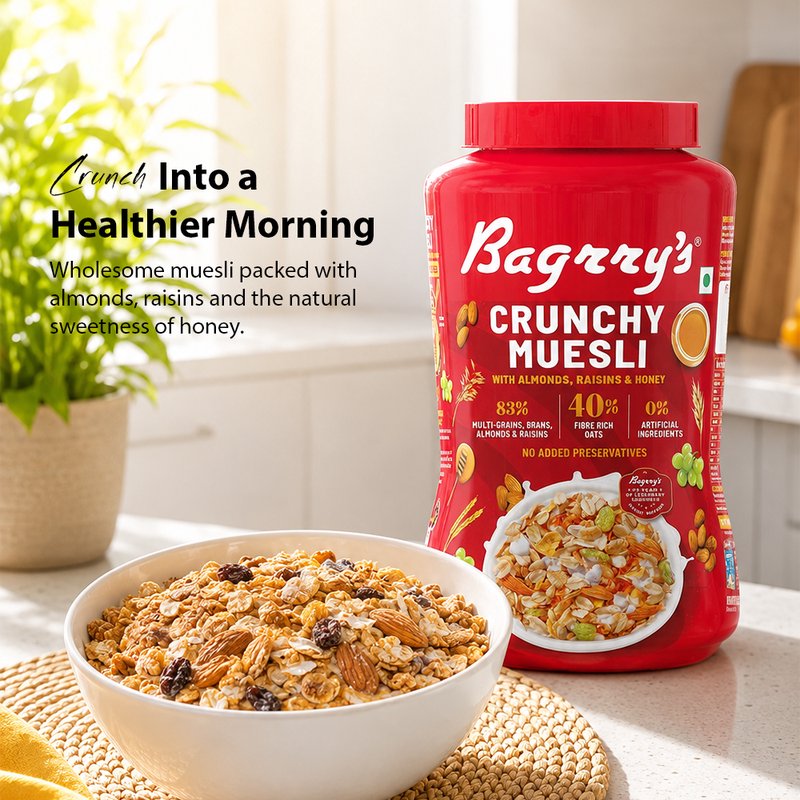 Bagrry's Crunchy Muesli | High-Fibre Breakfast Cereal with Whole Grains & Crunchy Clusters | Nutritious Breakfast for Energy, Digestion & Daily Wellness