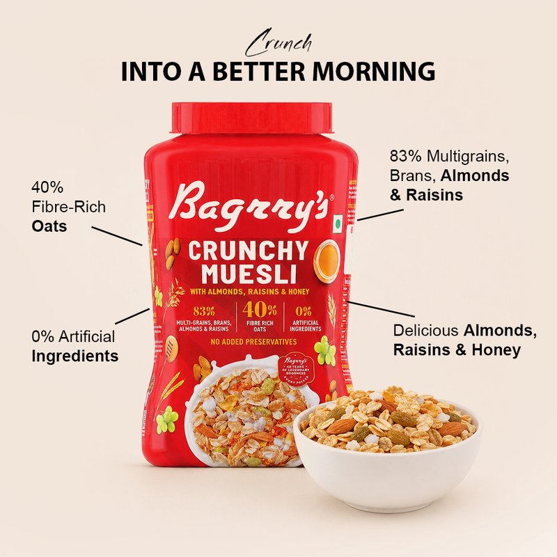 Bagrry's Crunchy Muesli | High-Fibre Breakfast Cereal with Whole Grains & Crunchy Clusters | Nutritious Breakfast for Energy, Digestion & Daily Wellness