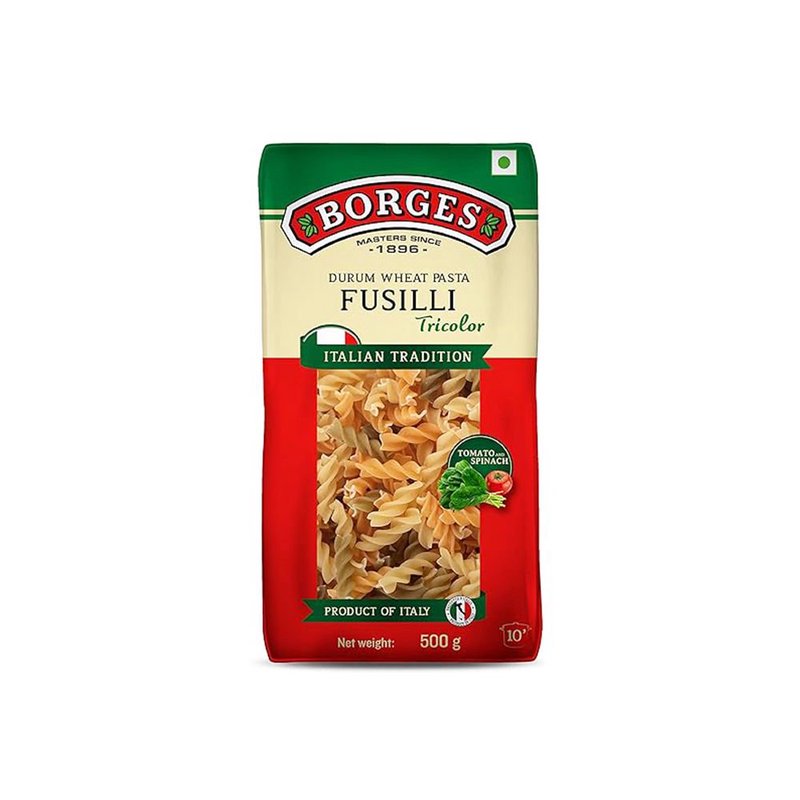 Borges Tricolor Fusilli Pasta | Spiral Italian Pasta with Durum Wheat Semolina | Colourful Pasta for Salads, White Sauce & Red Sauce Recipes | 500g