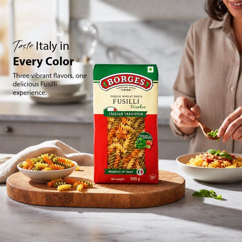Borges Tricolor Fusilli Pasta | Spiral Italian Pasta with Durum Wheat Semolina | Colourful Pasta for Salads, White Sauce & Red Sauce Recipes | 500g