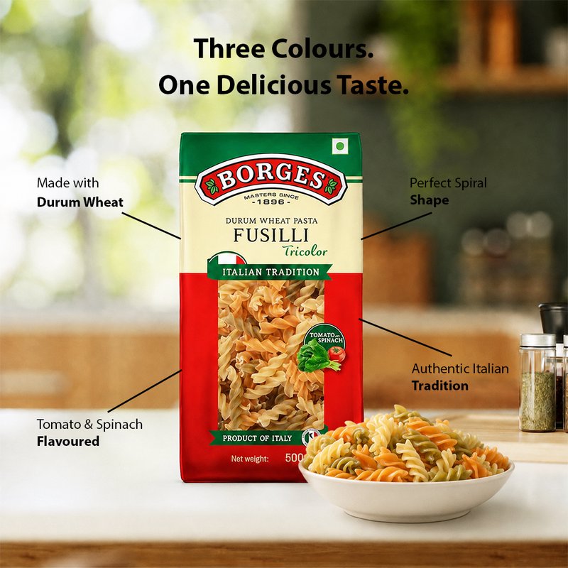 Borges Tricolor Fusilli Pasta | Spiral Italian Pasta with Durum Wheat Semolina | Colourful Pasta for Salads, White Sauce & Red Sauce Recipes | 500g