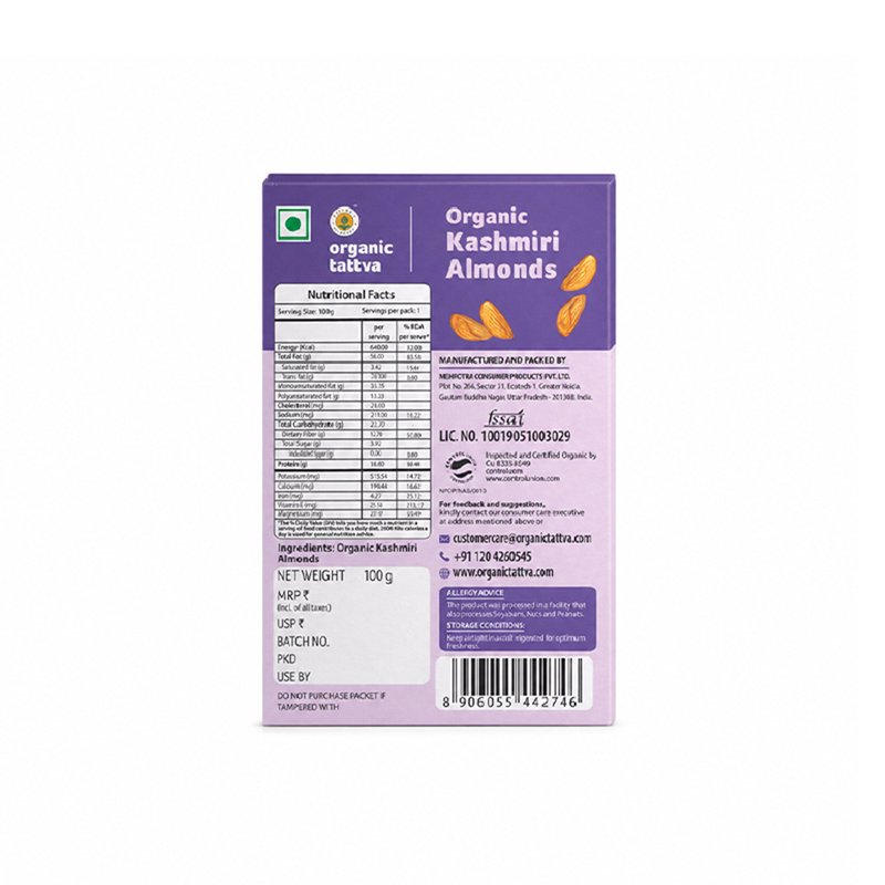 Organic Tattva Kashmiri Almonds | Premium Quality Kashmiri Badam | Pure Whole Almonds | Nutritious Dry Fruits with Crunchy Taste