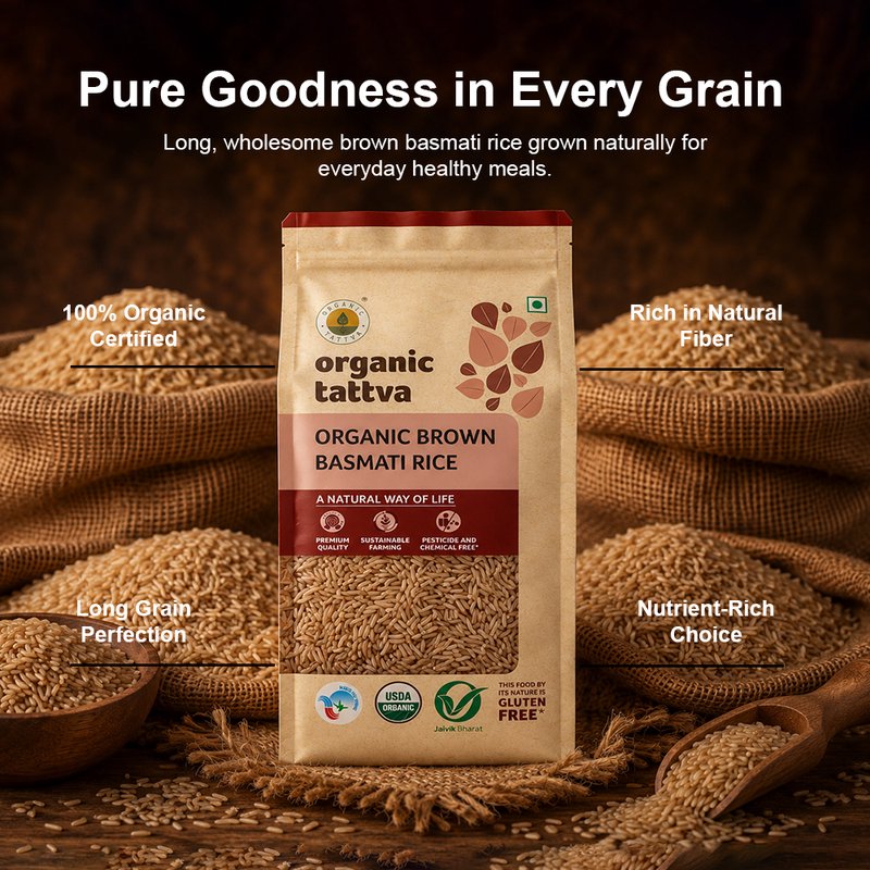 Organic Tattva Brown Basmati Rice | Premium Quality Organic Whole Grain Basmati Rice | Long Grain Rice | Fibre Rich Rice for Healthy