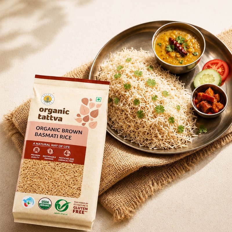 Organic Tattva Brown Basmati Rice | Premium Quality Organic Whole Grain Basmati Rice | Long Grain Rice | Fibre Rich Rice for Healthy