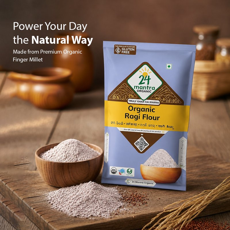 24 Mantra Organic Ragi Flour | Stone-Ground Finger Millet Flour | Rich in Calcium & Dietary Fiber