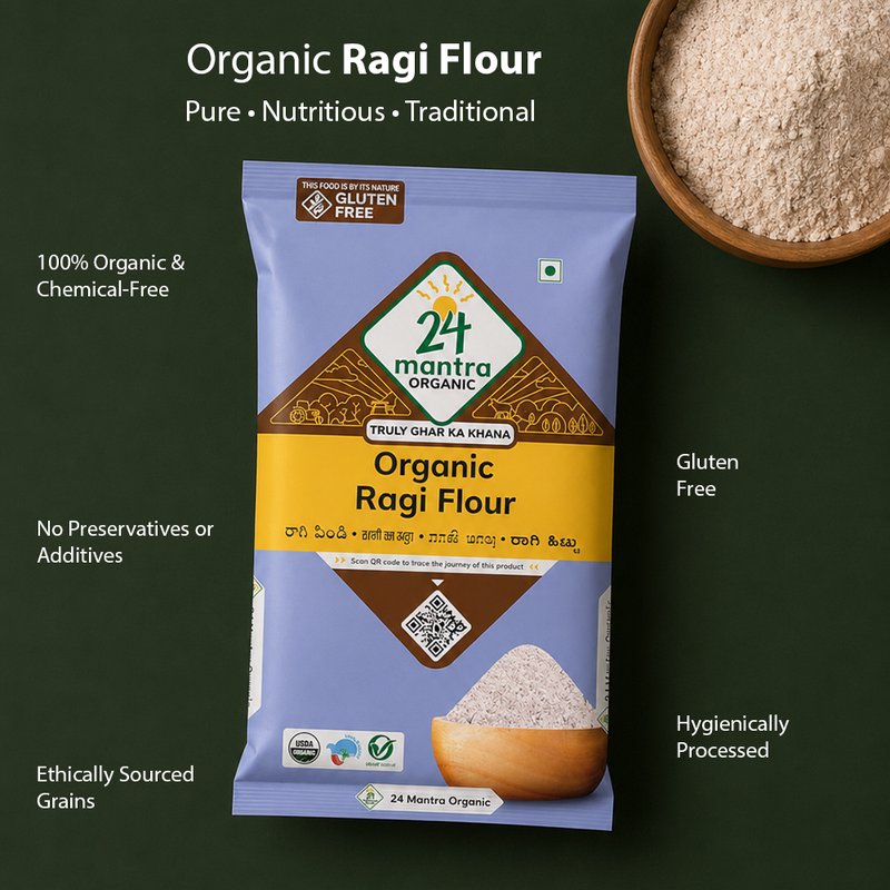 24 Mantra Organic Ragi Flour | Stone-Ground Finger Millet Flour | Rich in Calcium & Dietary Fiber