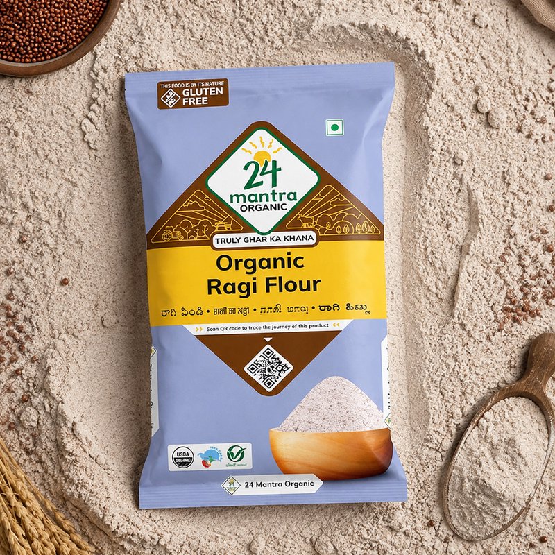 24 Mantra Organic Ragi Flour | Stone-Ground Finger Millet Flour | Rich in Calcium & Dietary Fiber