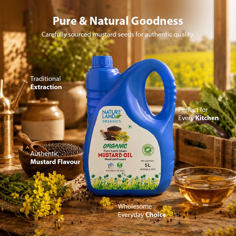 Natureland Organics Wood Cold Pressed Mustard Oil  | 100% Organic Kachi Ghani Mustard Oil | Naturally Rich in Omega 3 & Vitamin E for Everyday Cooking