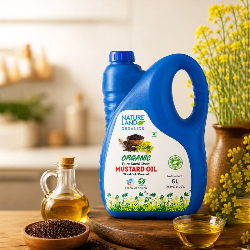 Natureland Organics Wood Cold Pressed Mustard Oil  | 100% Organic Kachi Ghani Mustard Oil | Naturally Rich in Omega 3 & Vitamin E for Everyday Cooking