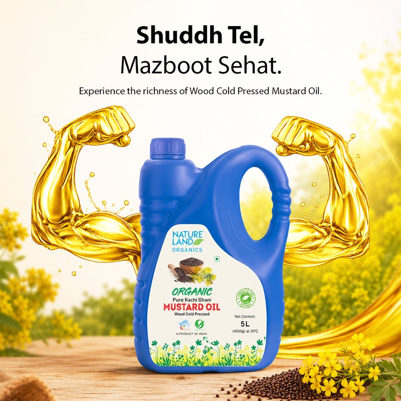 Natureland Organics Wood Cold Pressed Mustard Oil  | 100% Organic Kachi Ghani Mustard Oil | Naturally Rich in Omega 3 & Vitamin E for Everyday Cooking