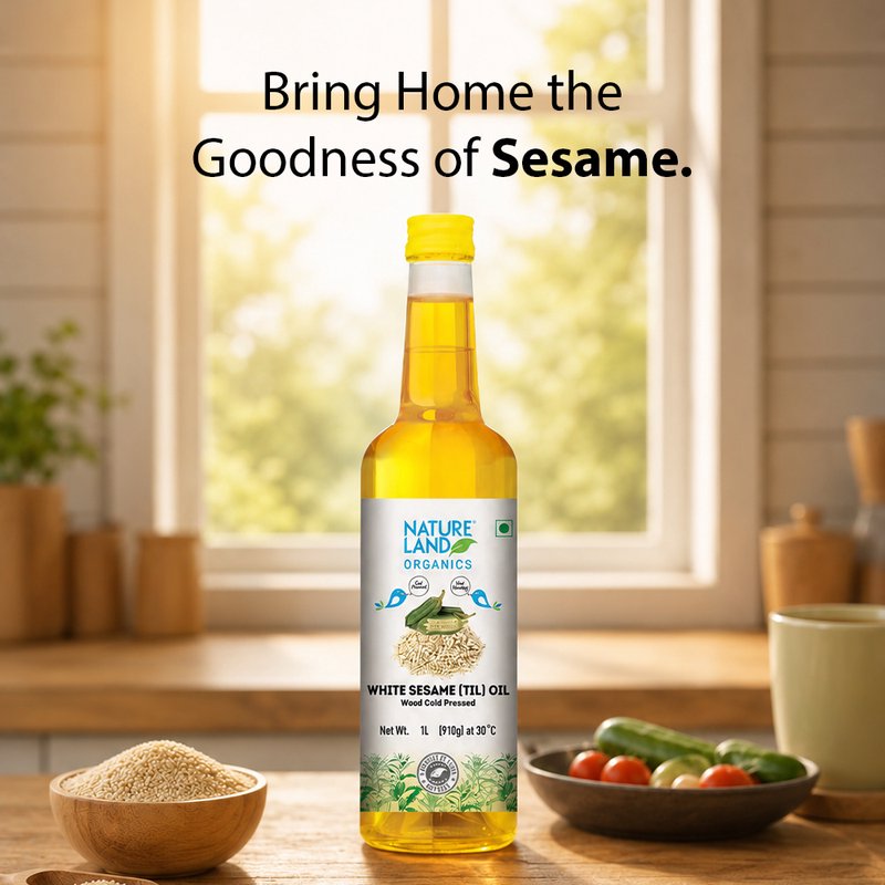 Natureland Organics White Sesame Oil 1L | Cold Pressed Til Oil | Pure & Natural Cooking Oil | Rich in Healthy Fats & Antioxidants | Ideal for Cooking, Dressing & Traditional Recipes