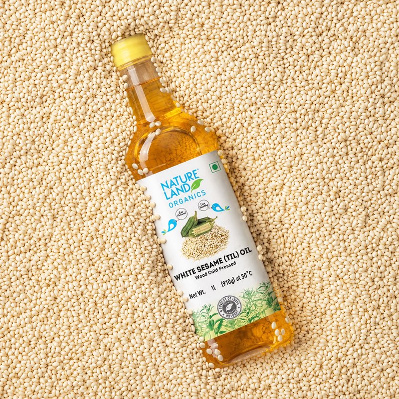 Natureland Organics White Sesame Oil 1L | Cold Pressed Til Oil | Pure & Natural Cooking Oil | Rich in Healthy Fats & Antioxidants | Ideal for Cooking, Dressing & Traditional Recipes