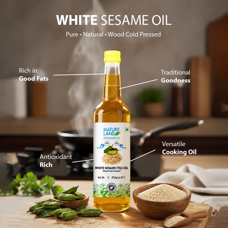 Natureland Organics White Sesame Oil 1L | Cold Pressed Til Oil | Pure & Natural Cooking Oil | Rich in Healthy Fats & Antioxidants | Ideal for Cooking, Dressing & Traditional Recipes