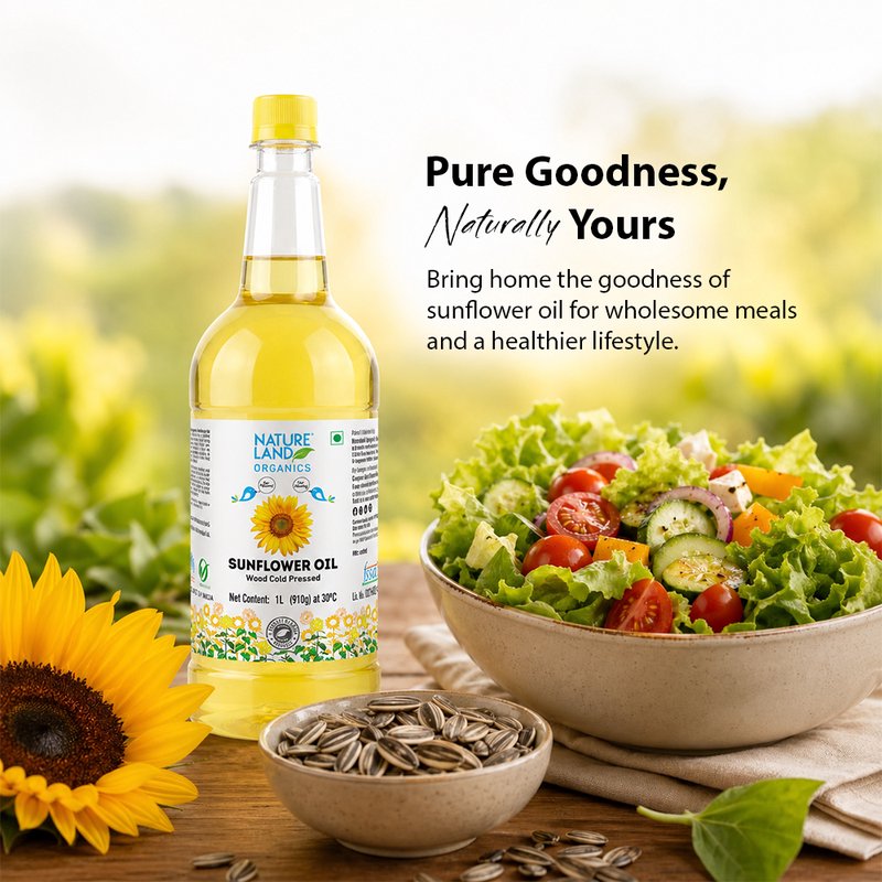 Natureland Organics Wood Cold Pressed Sunflower Oil  | 100% Organic Sunflower Seed Oil | Kachi Ghani Oil for Everyday Cooking