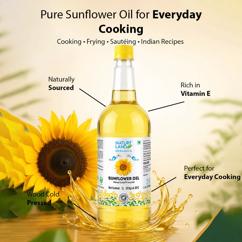 Natureland Organics Wood Cold Pressed Sunflower Oil  | 100% Organic Sunflower Seed Oil | Kachi Ghani Oil for Everyday Cooking