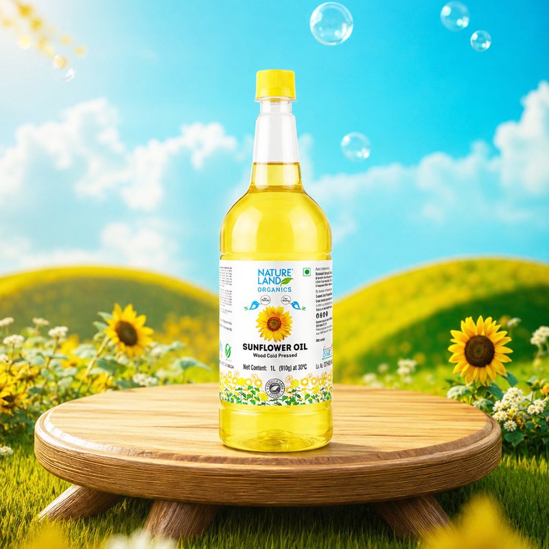 Natureland Organics Wood Cold Pressed Sunflower Oil  | 100% Organic Sunflower Seed Oil | Kachi Ghani Oil for Everyday Cooking