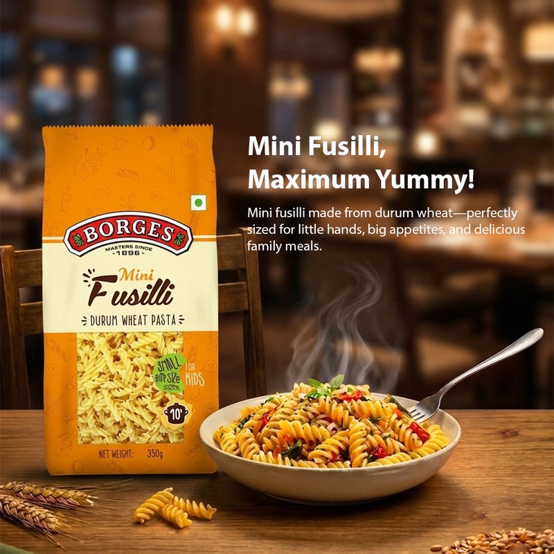 Borges Mini Fusilli Pasta | Premium Durum Wheat Semolina Italian Pasta | Mini Spiral Pasta | Perfect for Soups, Salads, Creamy Pasta & Kids' Meals | 350g