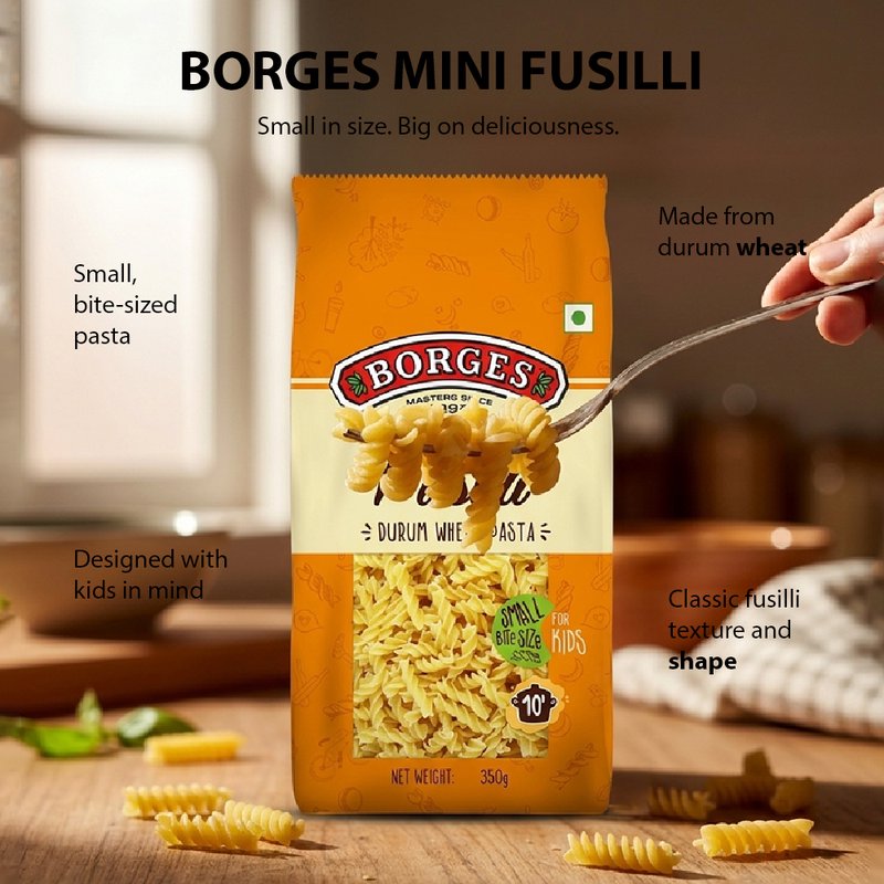 Borges Mini Fusilli Pasta | Premium Durum Wheat Semolina Italian Pasta | Mini Spiral Pasta | Perfect for Soups, Salads, Creamy Pasta & Kids' Meals | 350g