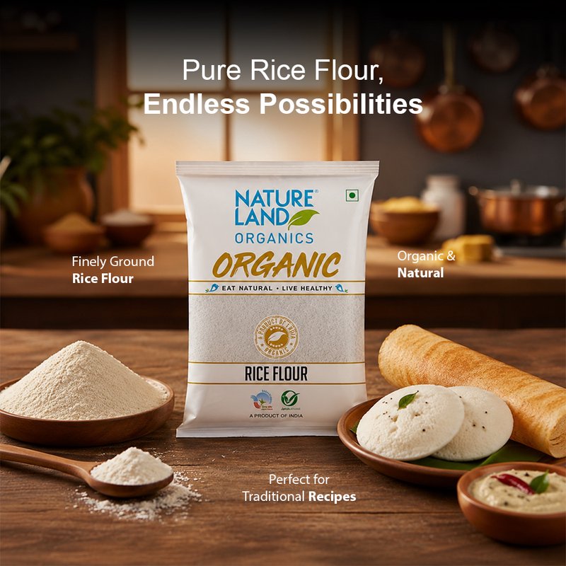 Natureland Organics Rice Flour 500g | 100% Organic Rice Flour | Finely Milled Gluten-Free Flour for Idli, Dosa, Snacks, Baking & Traditional Recipes