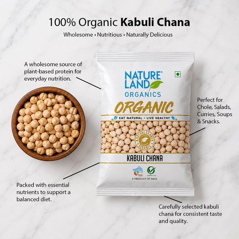 Natureland Organics Kabuli Chana 500g | 100% Organic Chickpeas | Protein & Fibre Rich White Chickpeas for Chole, Salads, Hummus & Everyday Cooking