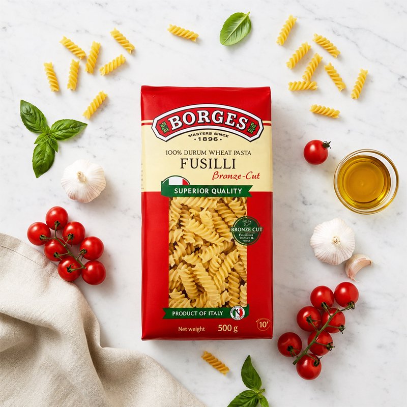 Borges Bronze Cut Fusilli Pasta | Premium Durum Wheat Semolina | Bronze Die Cut Spiral Pasta | Perfect for White Sauce, Red Sauce & Pasta Salads | 500g