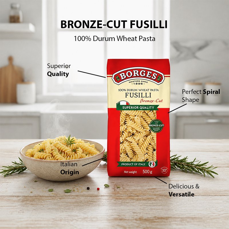 Borges Bronze Cut Fusilli Pasta | Premium Durum Wheat Semolina | Bronze Die Cut Spiral Pasta | Perfect for White Sauce, Red Sauce & Pasta Salads | 500g