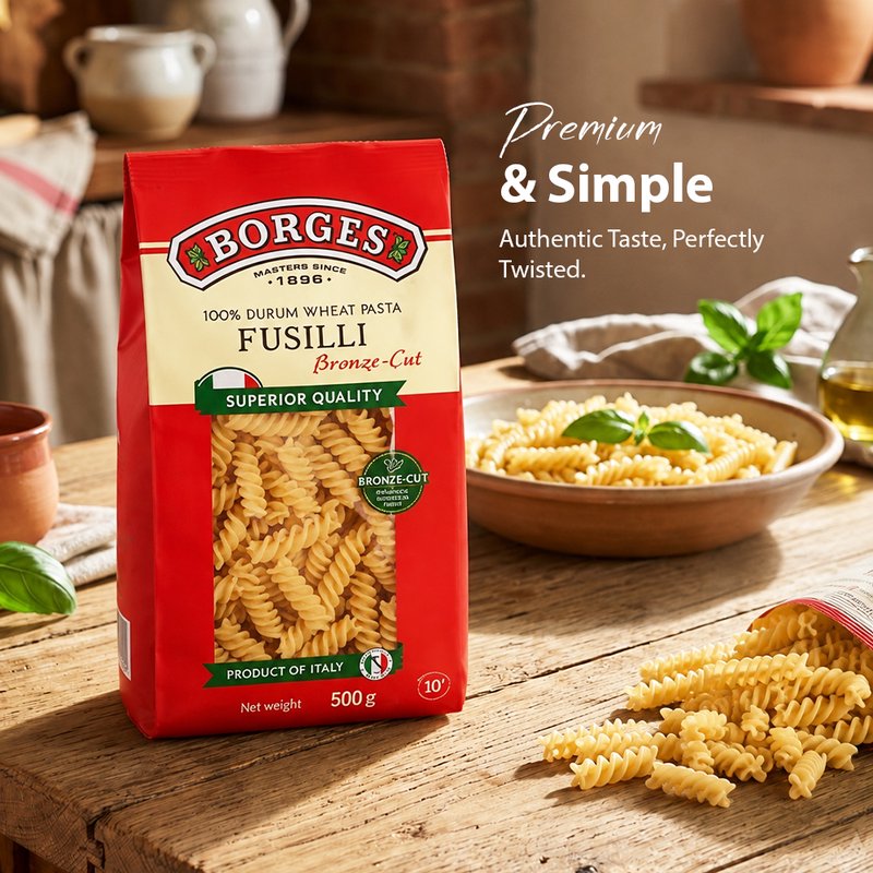 Borges Bronze Cut Fusilli Pasta | Premium Durum Wheat Semolina | Bronze Die Cut Spiral Pasta | Perfect for White Sauce, Red Sauce & Pasta Salads | 500g